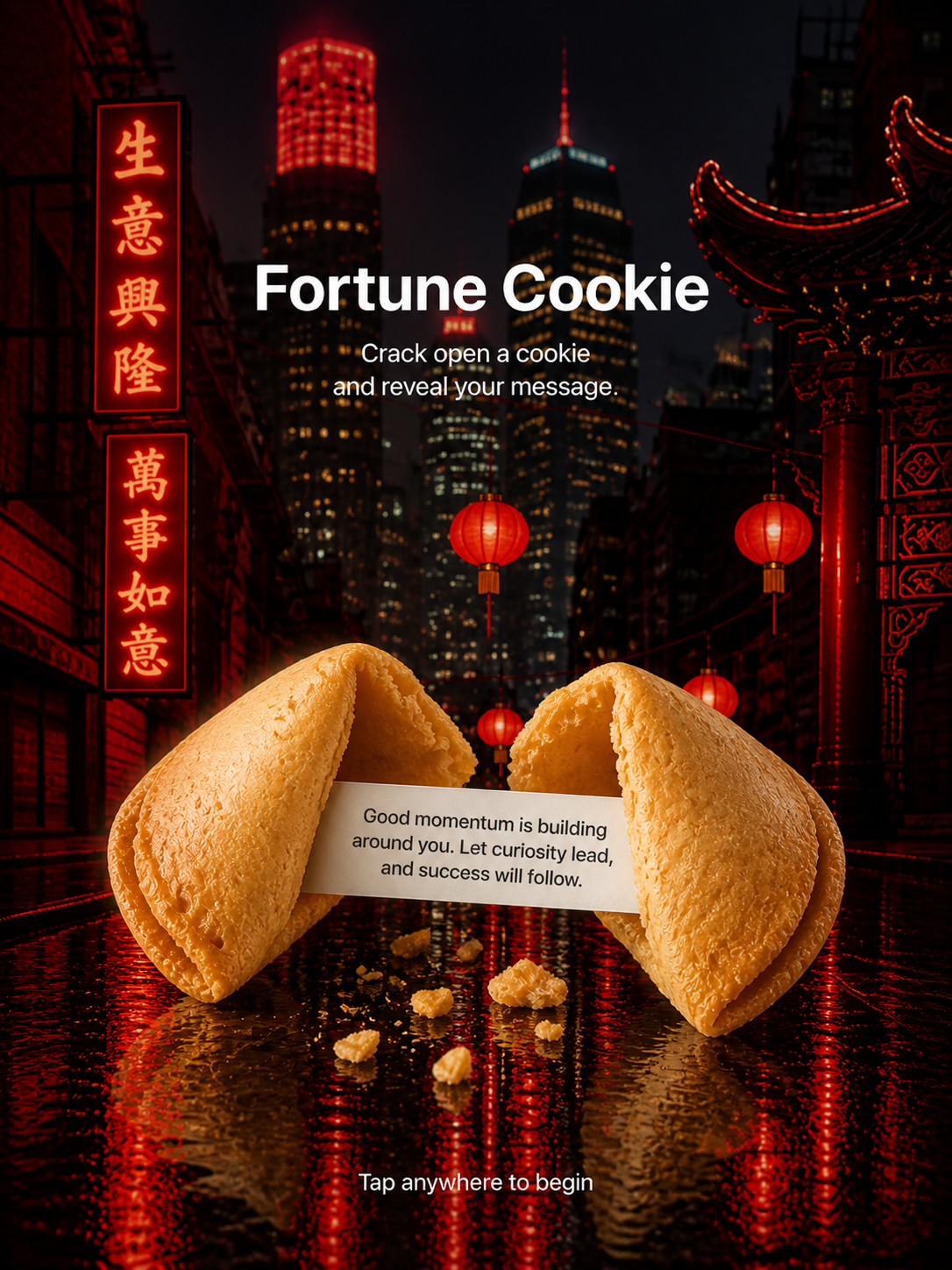 Fortune Cookie app artwork with cracked cookie and fortune message