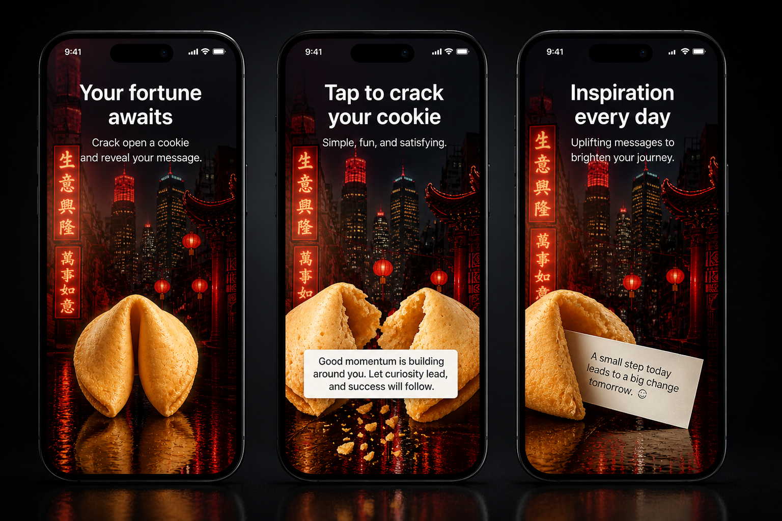 Fortune Cookie app promo showing three phone screens